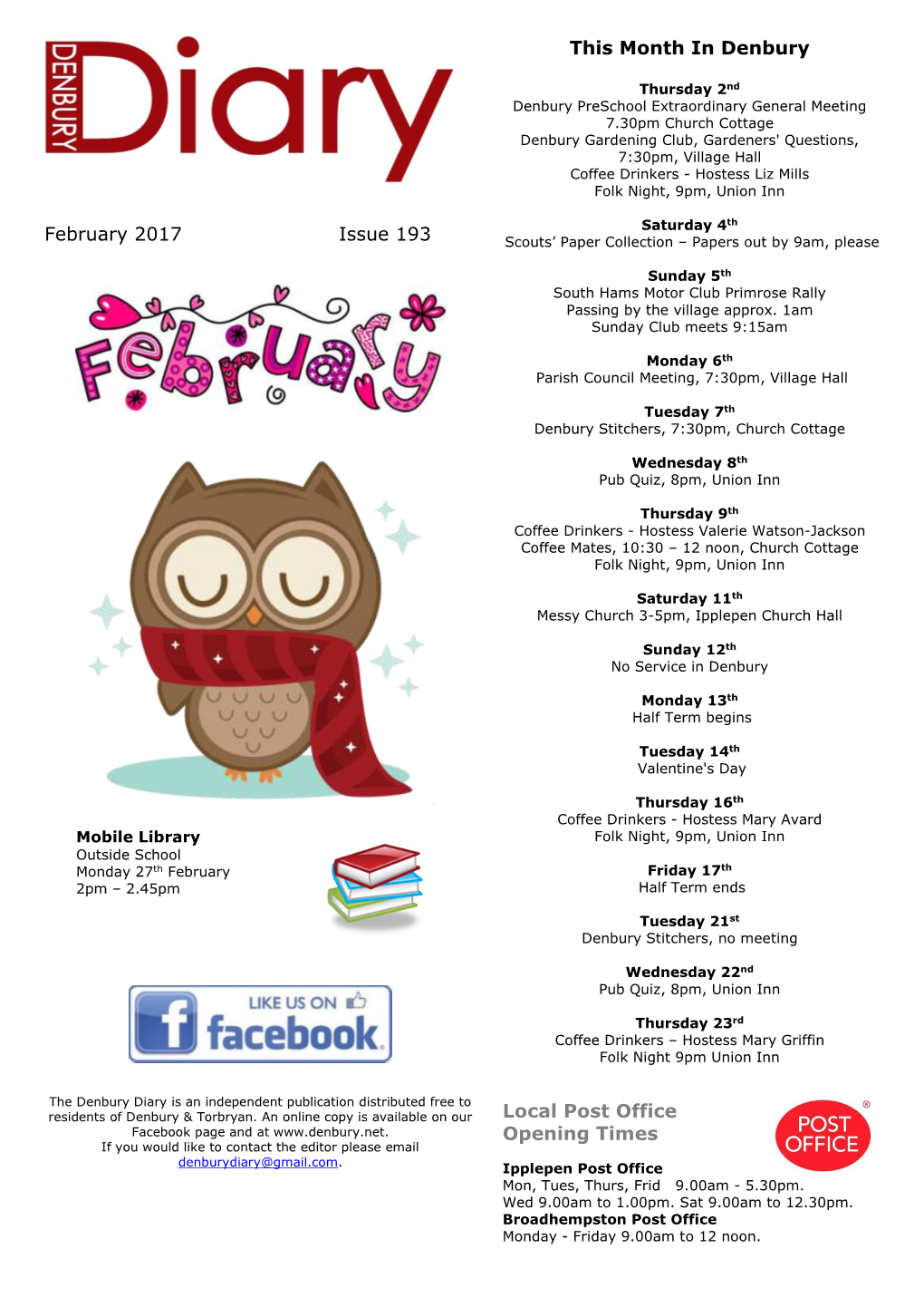 This Month in Denbury Local Post Office Opening Times February