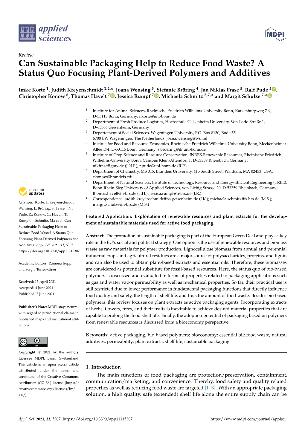 Can Sustainable Packaging Help to Reduce Food Waste? a Status Quo Focusing Plant-Derived Polymers and Additives