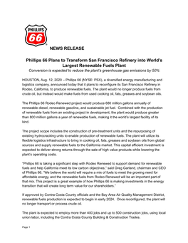 NEWS RELEASE Phillips 66 Plans to Transform San Francisco Refinery