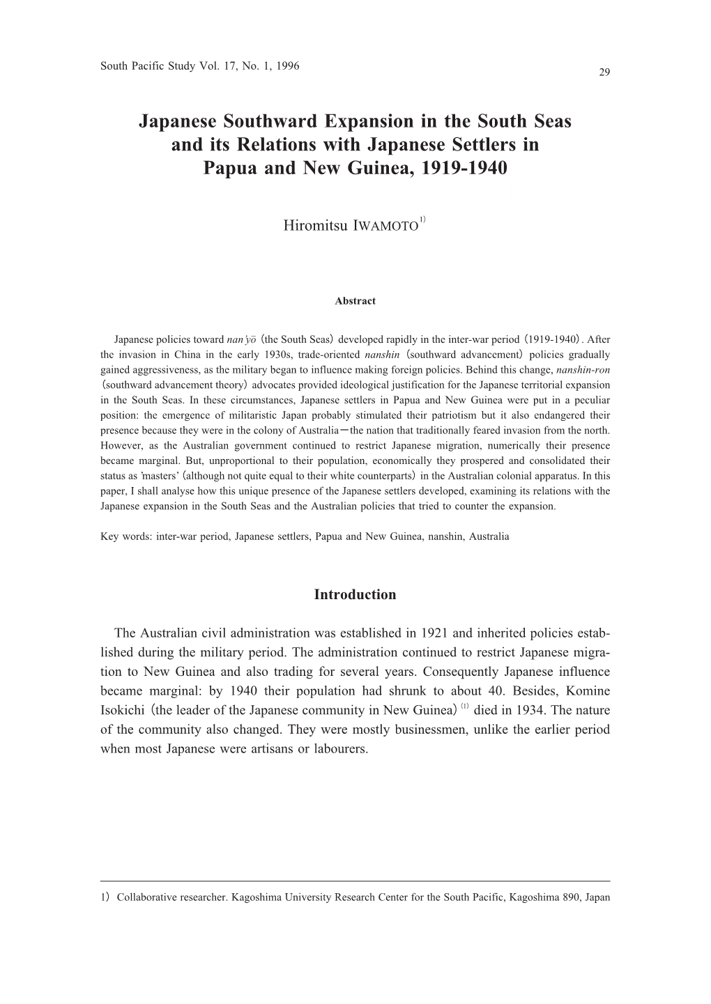 Japanese Southward Expansion in the South Seas and Its Relations with Japanese Settlers in Papua and New Guinea, 1919-1940