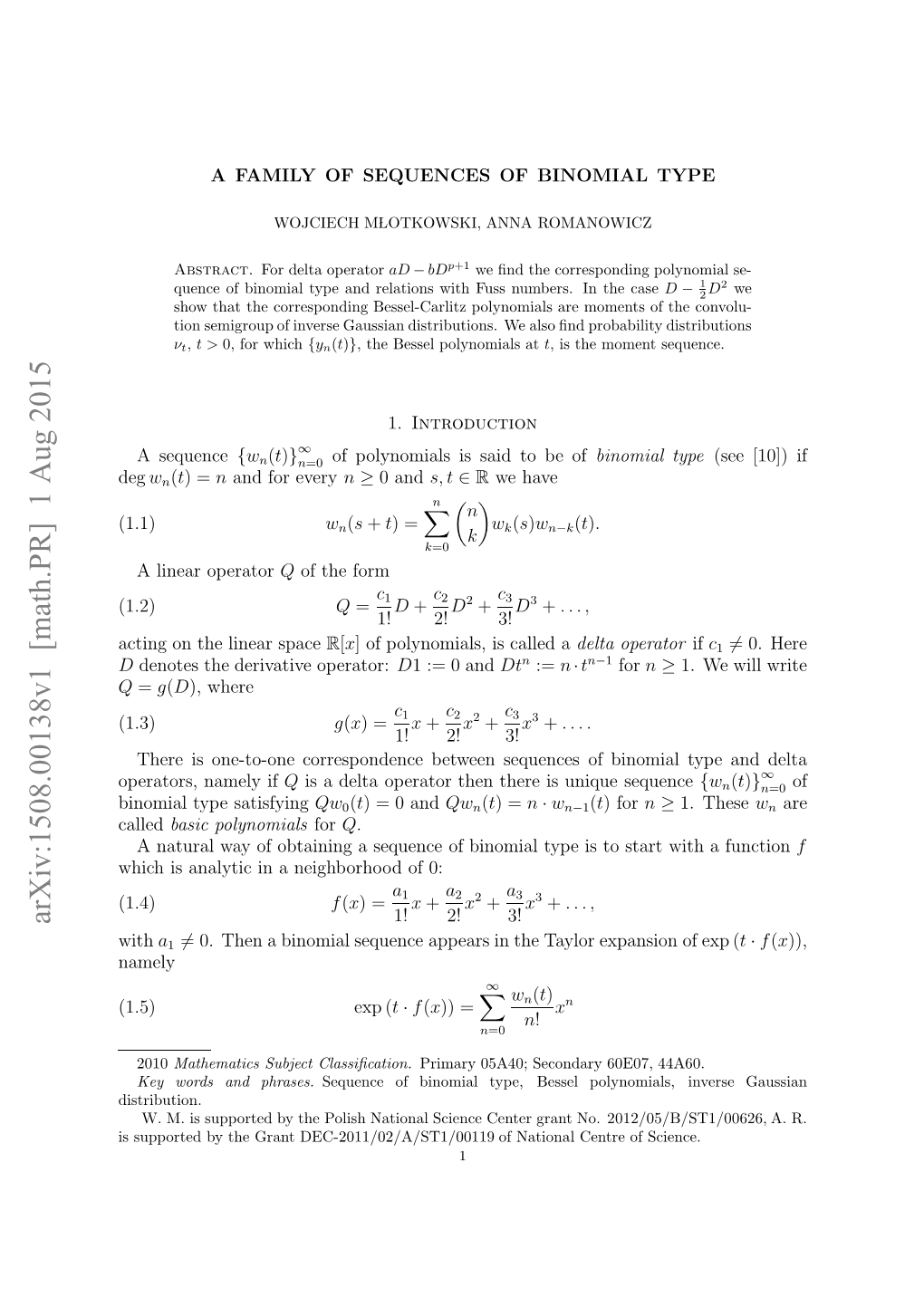 A FAMILY of SEQUENCES of BINOMIAL TYPE 3 and If Jp +1= N Then This Diﬀerence Is 0