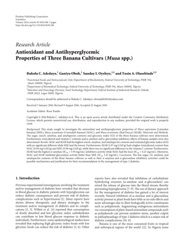 Antioxidant and Antihyperglycemic Properties of Three Banana Cultivars (Musa Spp.)