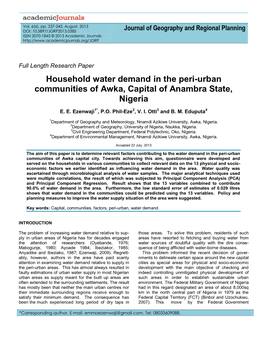 Household Water Demand in the Peri-Urban Communities of Awka, Capital of Anambra State, Nigeria