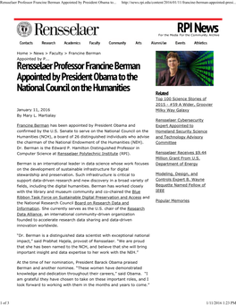 Rensselaer Professor Francine Berman Appointed by President Obama To