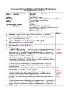 Minutes of East Worlington Parish Council Meeting Held on Tuesday, 23 July 2013 at 7.30Pm in the Parish Hall