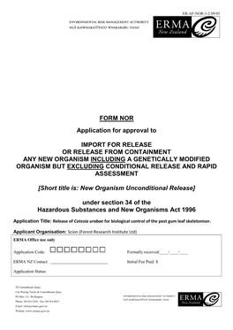 FORM NOR Application for Approval to IMPORT for RELEASE OR