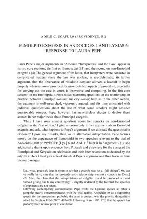 Eumolpid Exegesis in Andocides 1 and Lysias 6: Response to Laura Pepe