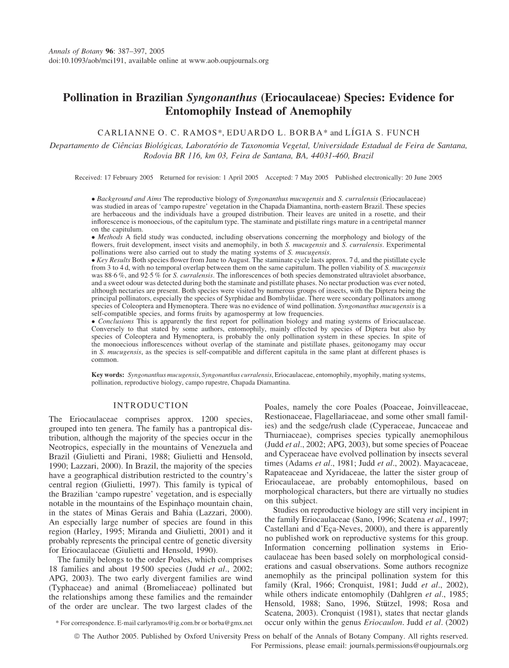 Pollination in Brazilian Syngonanthus (Eriocaulaceae) Species: Evidence for Entomophily Instead of Anemophily