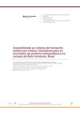 Acessibilidade Ao Sistema De Transporte Coletivo Por Ônibus: Indicadores Para Os Municípios Da Periferia Metropolitana E Os Campos De Belo Horizonte, Brasil