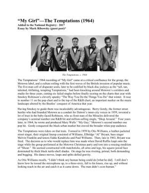 “My Girl”—The Temptations (1964) Added to the National Registry: 2017 Essay by Mark Ribowsky (Guest Post)*