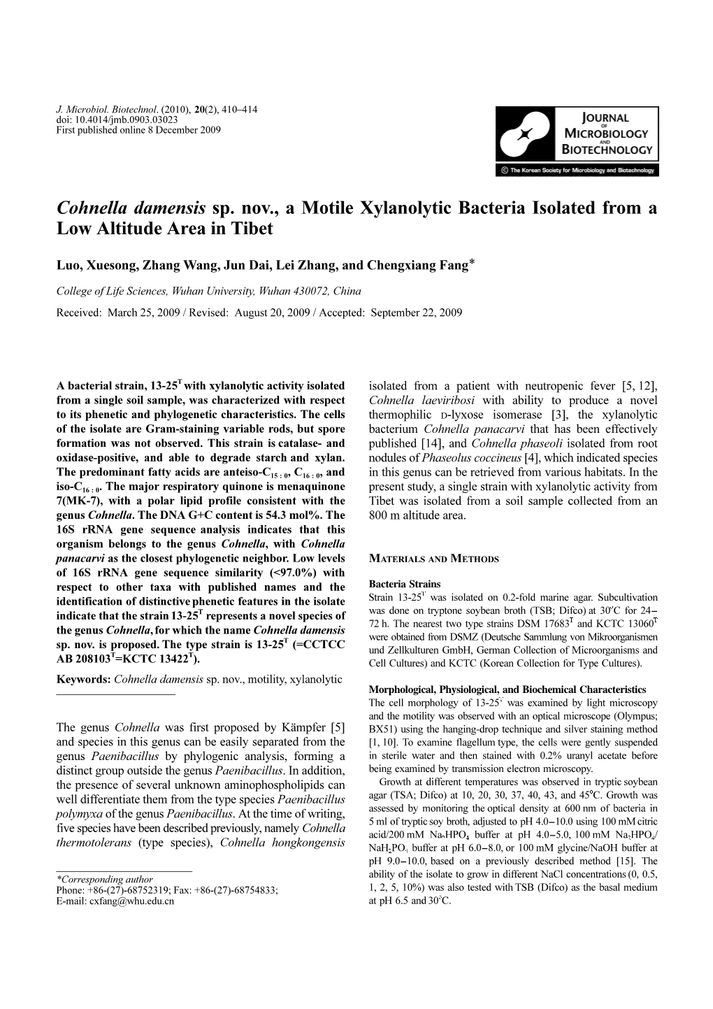 Cohnella Damensis Sp. Nov., a Motile Xylanolytic Bacteria Isolated from a Low Altitude Area in Tibet