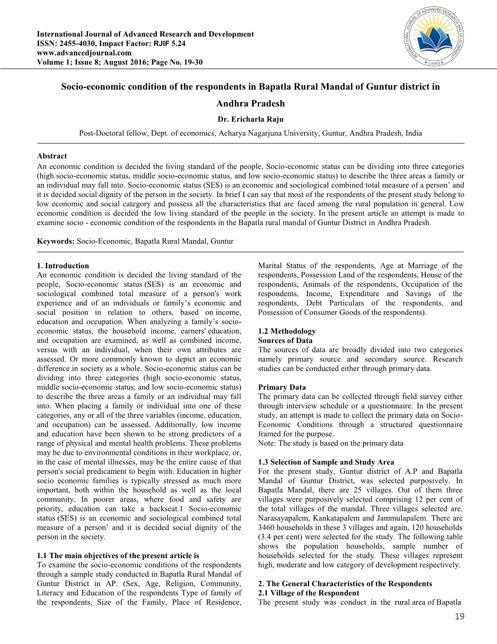 19 Socio-Economic Condition of the Respondents in Bapatla Rural