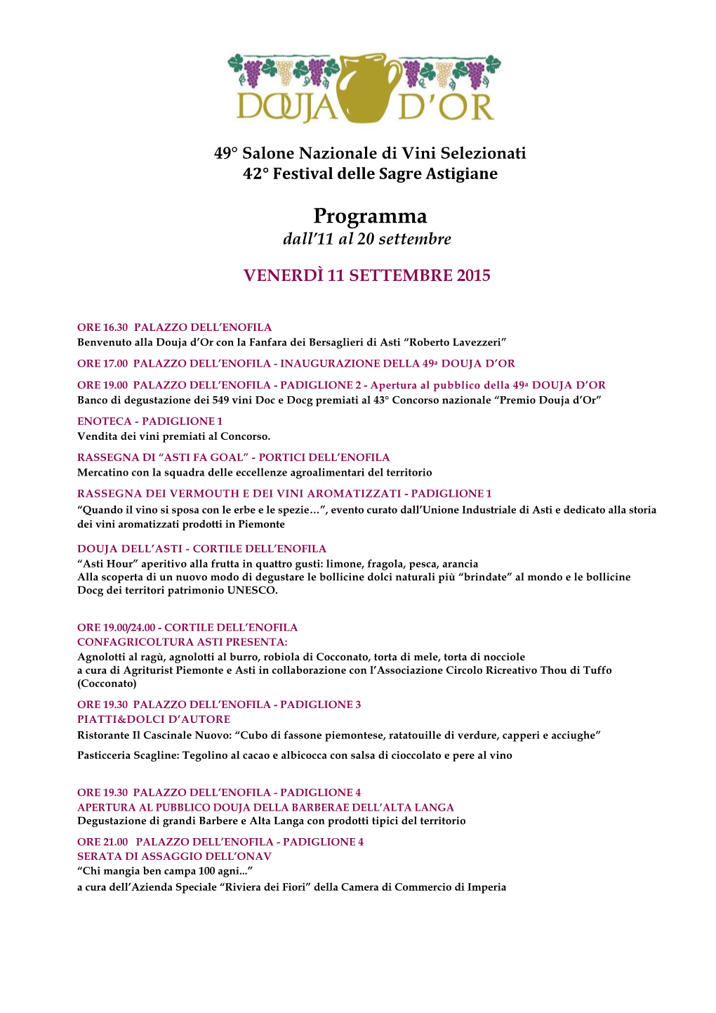 Programma Dall’11 Al 20 Settembre