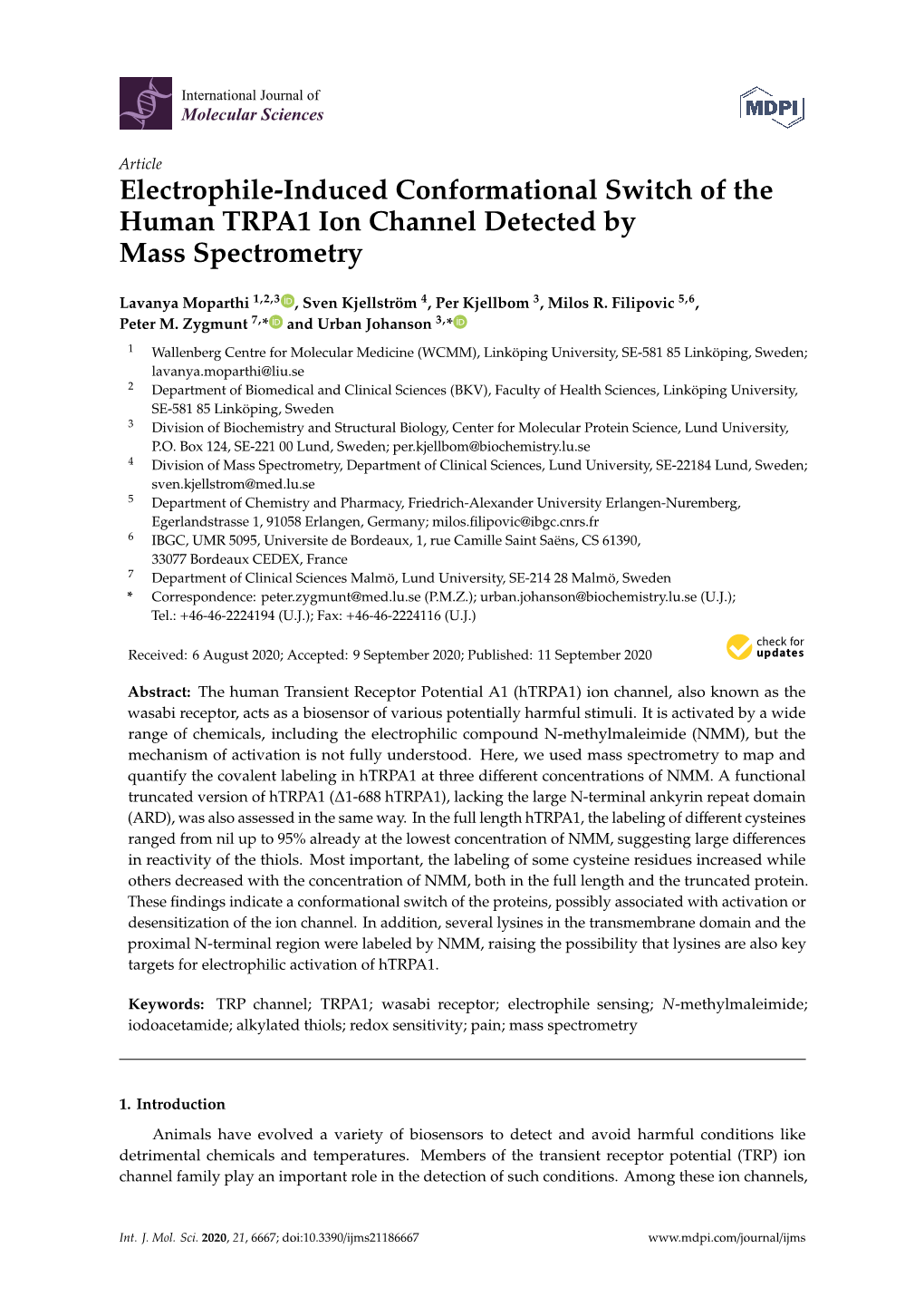 Electrophile-Induced Conformational Switch of the Human TRPA1 Ion Channel Detected by Mass Spectrometry