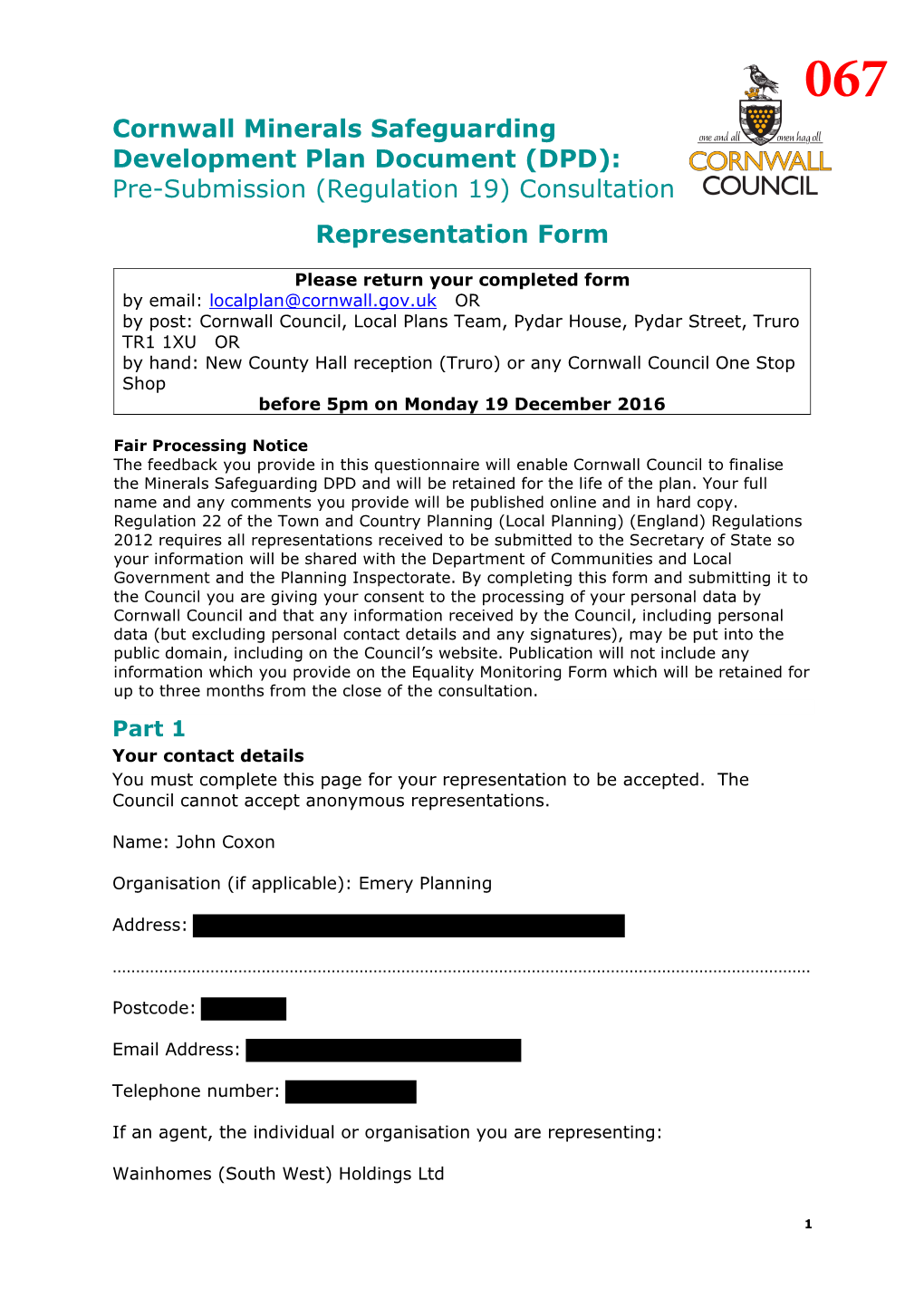 Cornwall Minerals Safeguarding Development Plan Document (DPD): Pre-Submission (Regulation 19) Consultation Representation Form