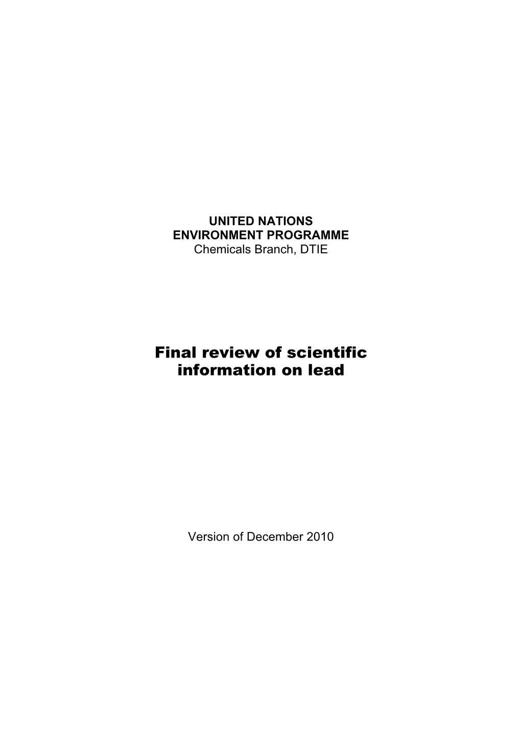 Final Review of Scientific Information on Lead