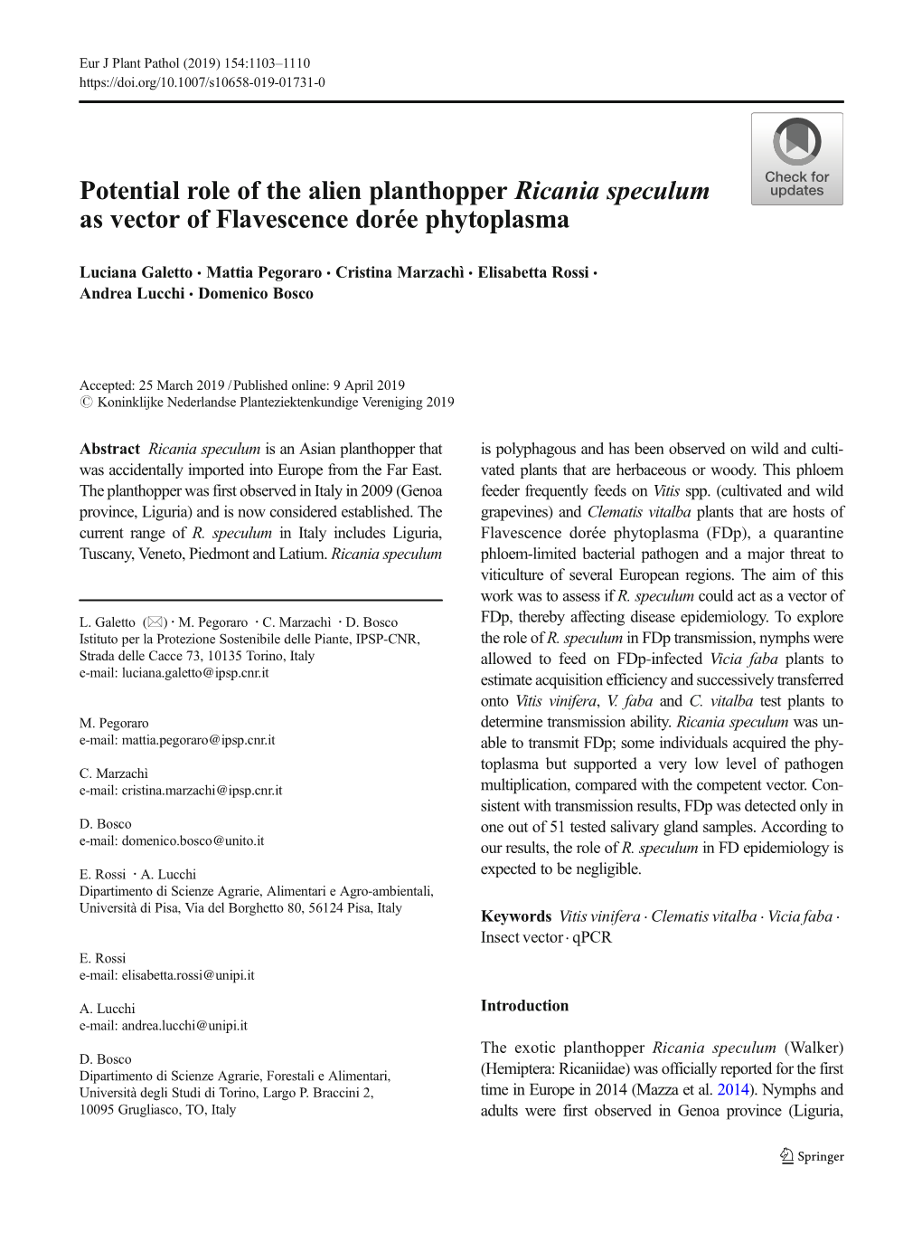 Potential Role of the Alien Planthopper Ricania Speculum As Vector of Flavescence Dorée Phytoplasma