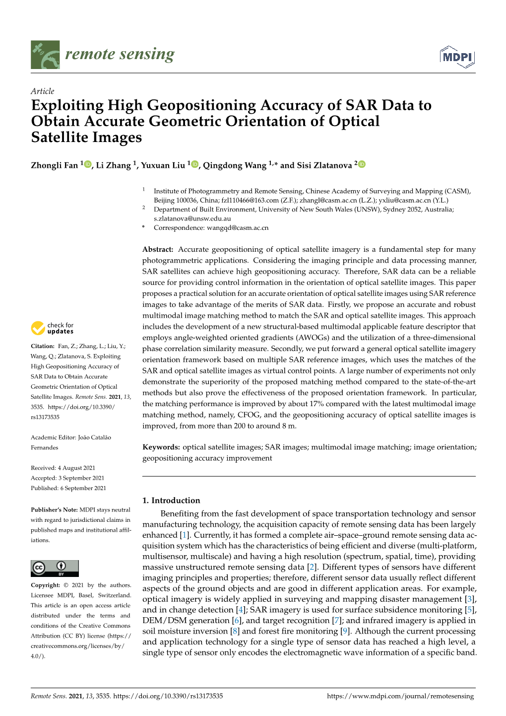 Exploiting High Geopositioning Accuracy of SAR Data to Obtain Accurate Geometric Orientation of Optical Satellite Images