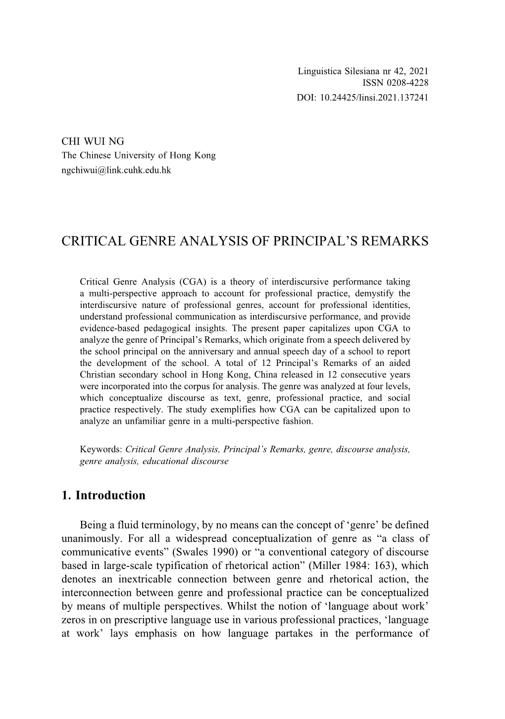 Critical Genre Analysis of Principal's Remarks 283