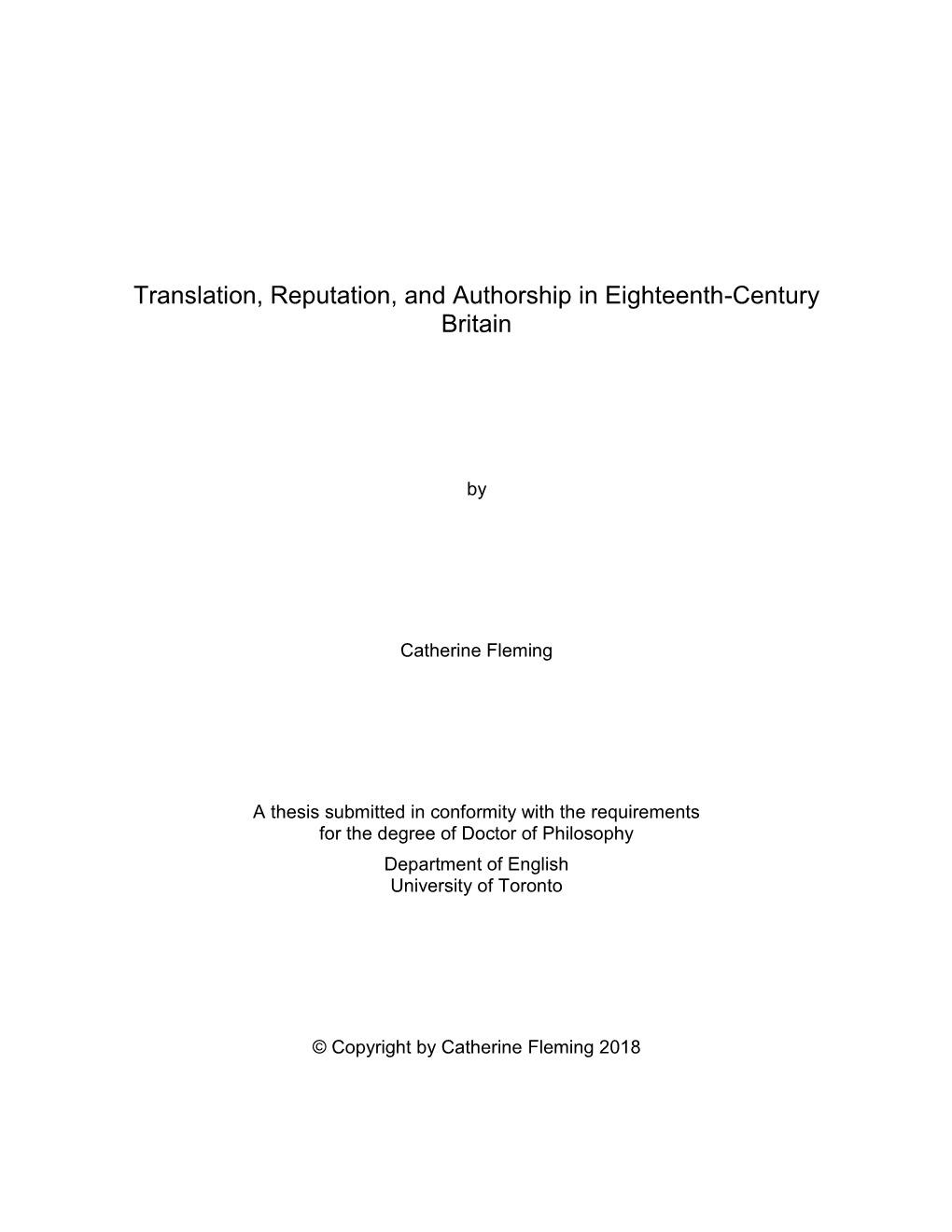 Translation, Reputation, and Authorship in Eighteenth-Century Britain