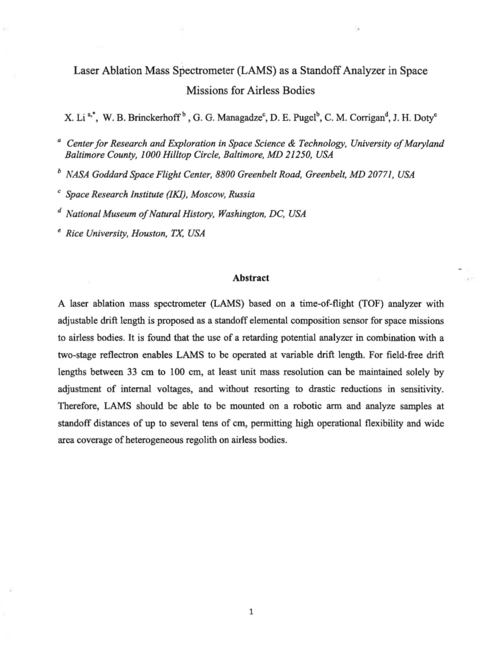 Laser Ablation Mass Spectrometer (LAMS) As a Standoff Analyzer in Space Missions for Airless Bodies