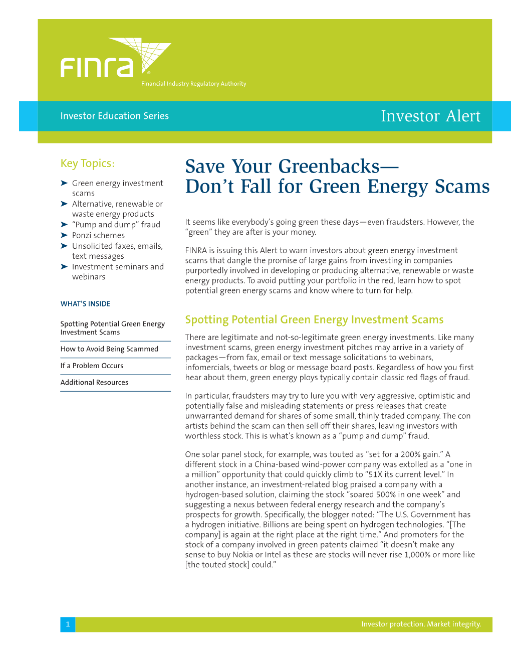 FINRA Investor Alert: Save Your Greenbacks—Don't Fall for Green Energy Scams