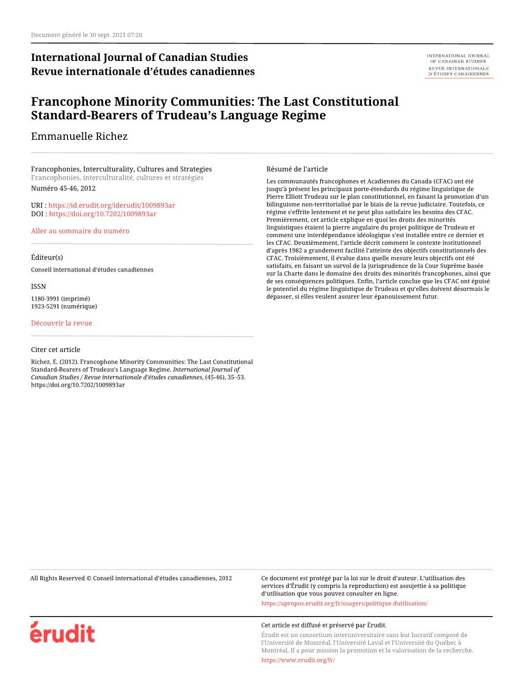 Francophone Minority Communities: the Last Constitutional Standard-Bearers of Trudeau’S Language Regime Emmanuelle Richez