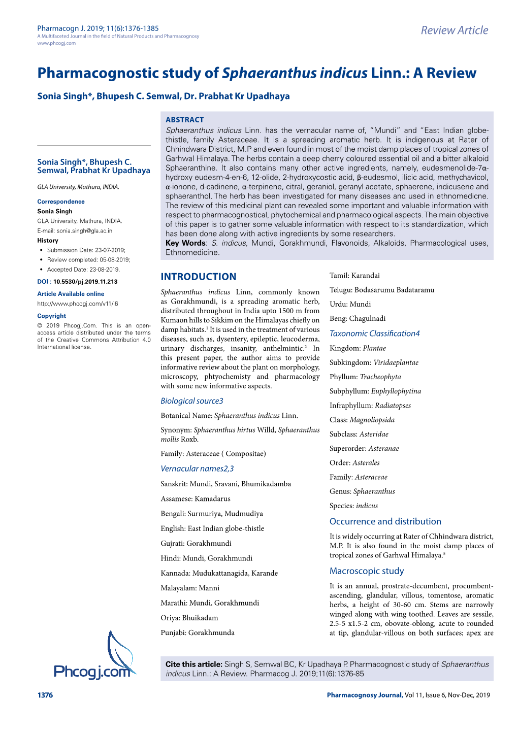 Pharmacognostic Study of Sphaeranthus Indicus Linn.: a Review