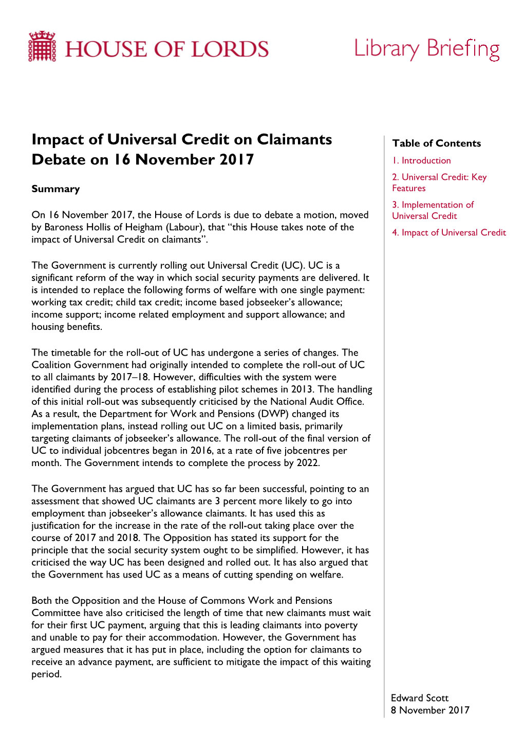 Impact of Universal Credit on Claimants Table of Contents Debate on 16 November 2017 1