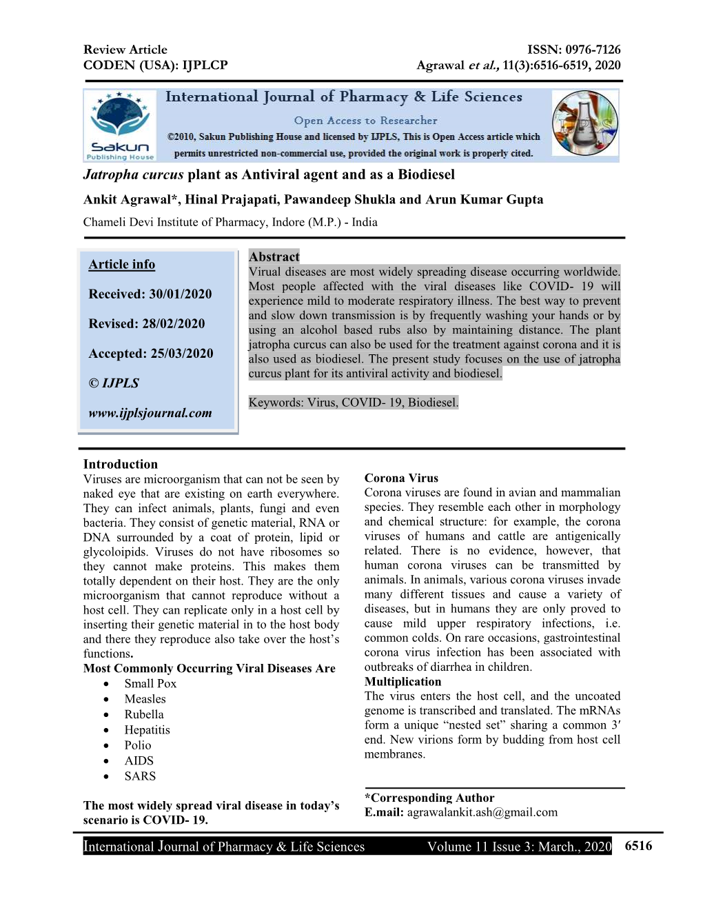 Jatropha Curcus Plant As Antiviral Agent and As a Biodiesel