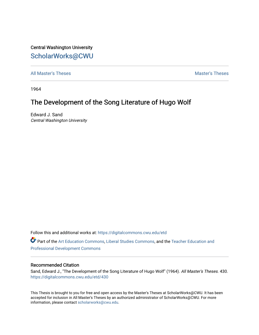 The Development of the Song Literature of Hugo Wolf