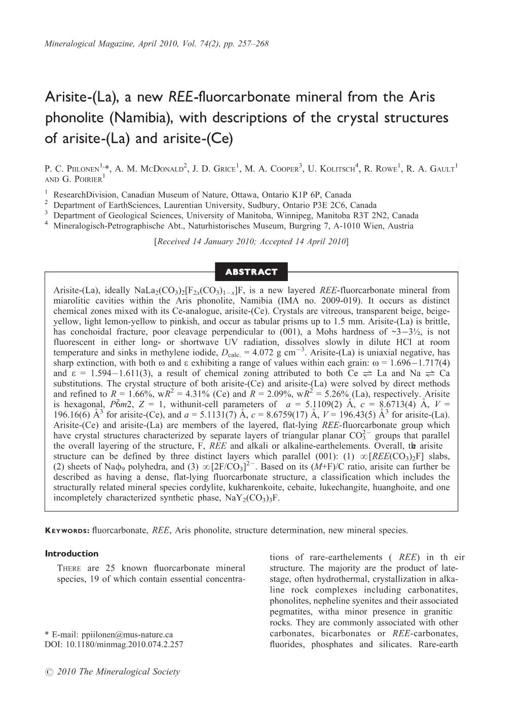 A New REE-Fluorcarbonate Mineral from the Aris Phonolite (Namibia), with Descriptions of the Crystal Structures of Arisite-(La) and Arisite-(Ce)