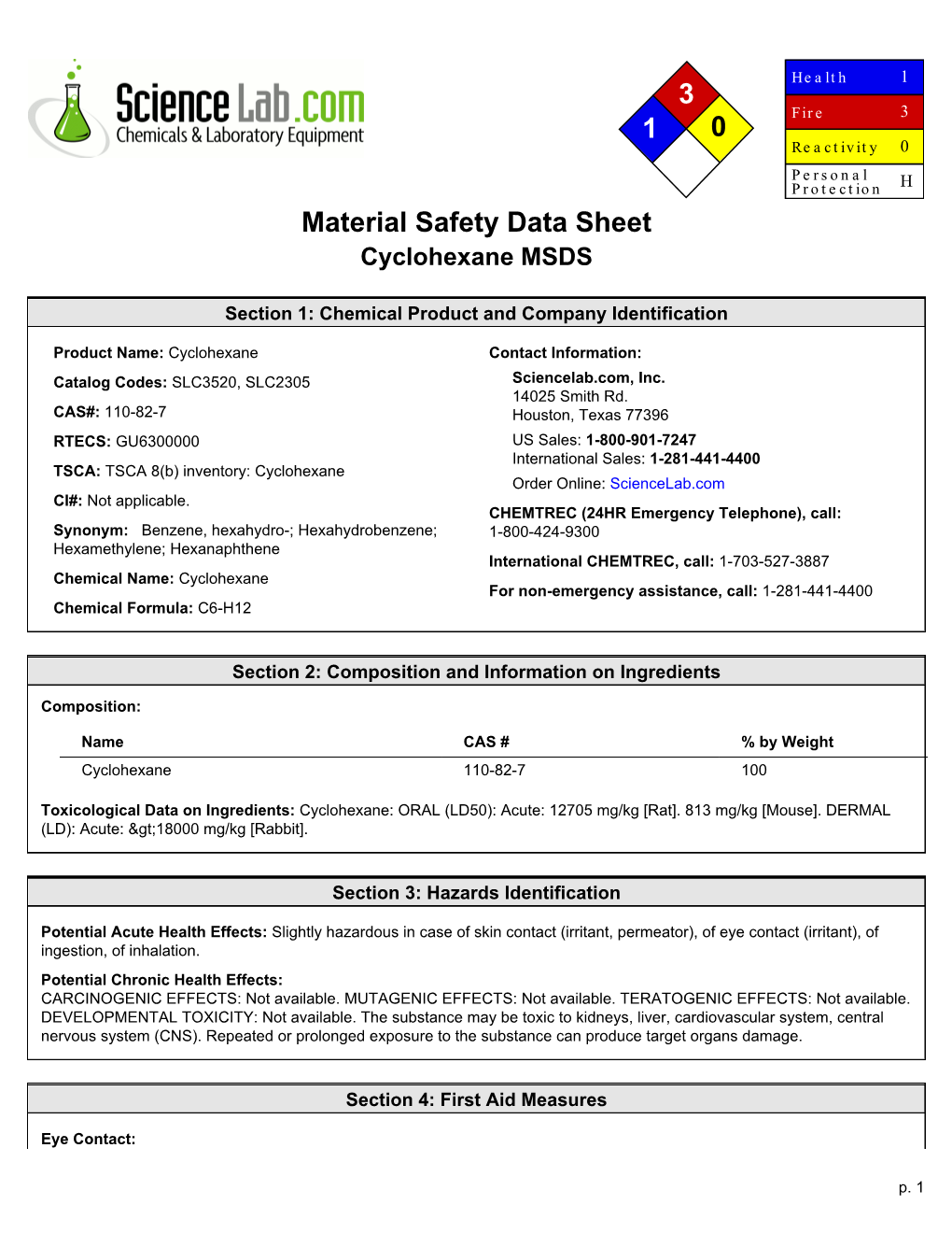 Material Safety Data Sheet Cyclohexane MSDS