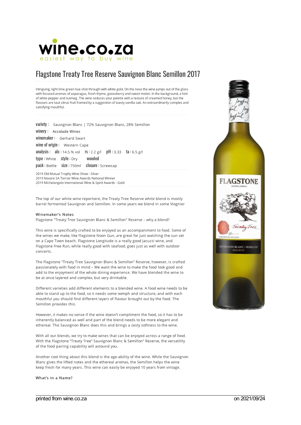 Flagstone Treaty Tree Reserve Sauvignon Blanc Semillon 2017