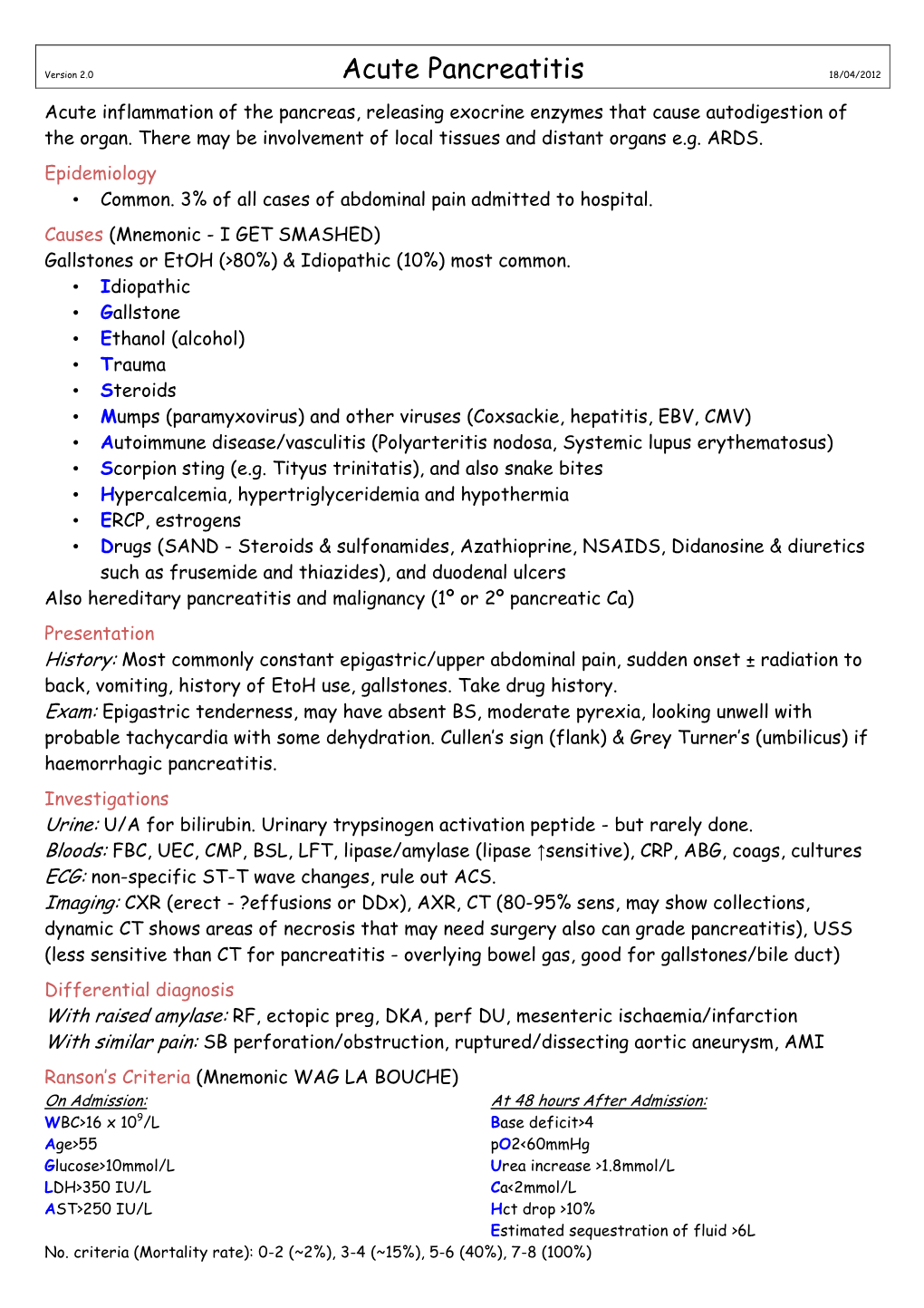 Acute Pancreatitis 18/04/2012