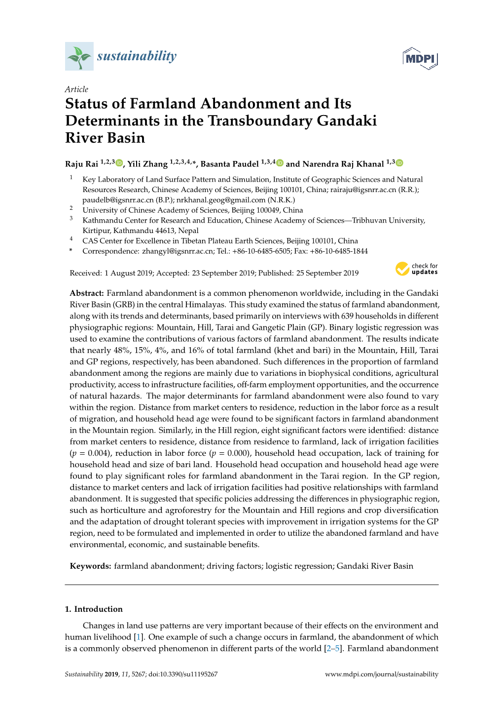 Status of Farmland Abandonment and Its Determinants in the Transboundary Gandaki River Basin