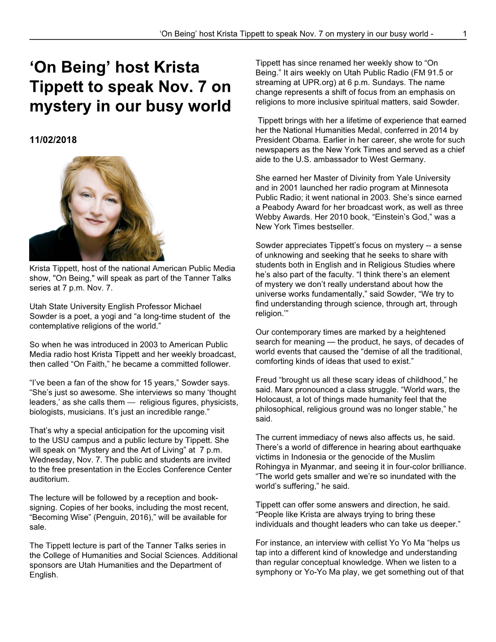 'On Being' Host Krista Tippett to Speak Nov. 7 on Mystery in Our Busy World