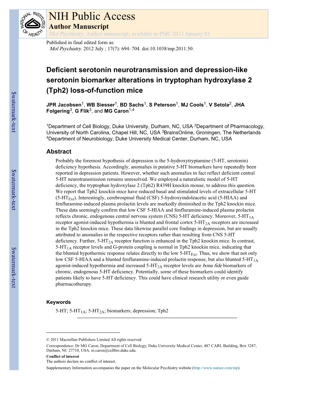 NIH Public Access Author Manuscript Mol Psychiatry