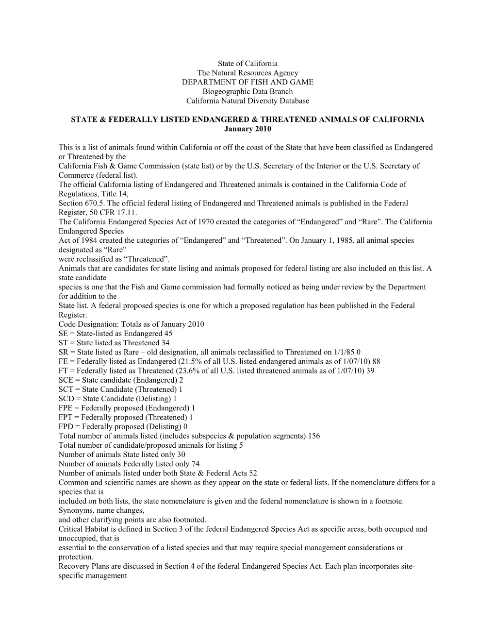 State of California the Natural Resources Agency DEPARTMENT of FISH and GAME Biogeographic Data Branch California Natural Diversity Database