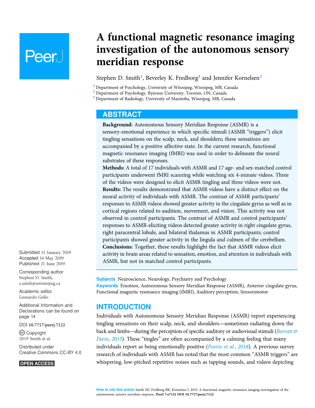 A Functional Magnetic Resonance Imaging Investigation of the Autonomous Sensory Meridian Response