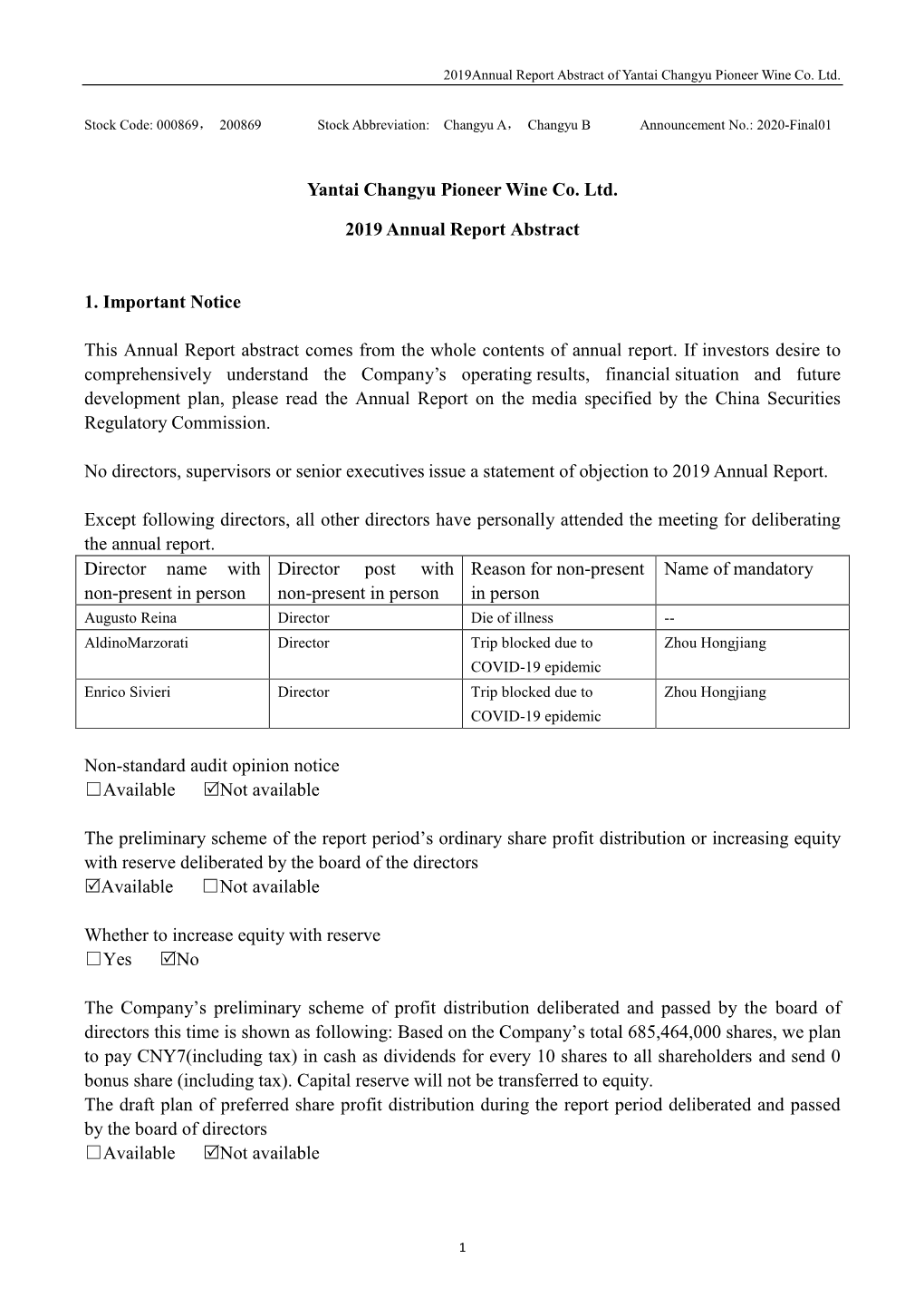 Yantai Changyu Pioneer Wine Co. Ltd. 2019 Annual Report Abstract 1