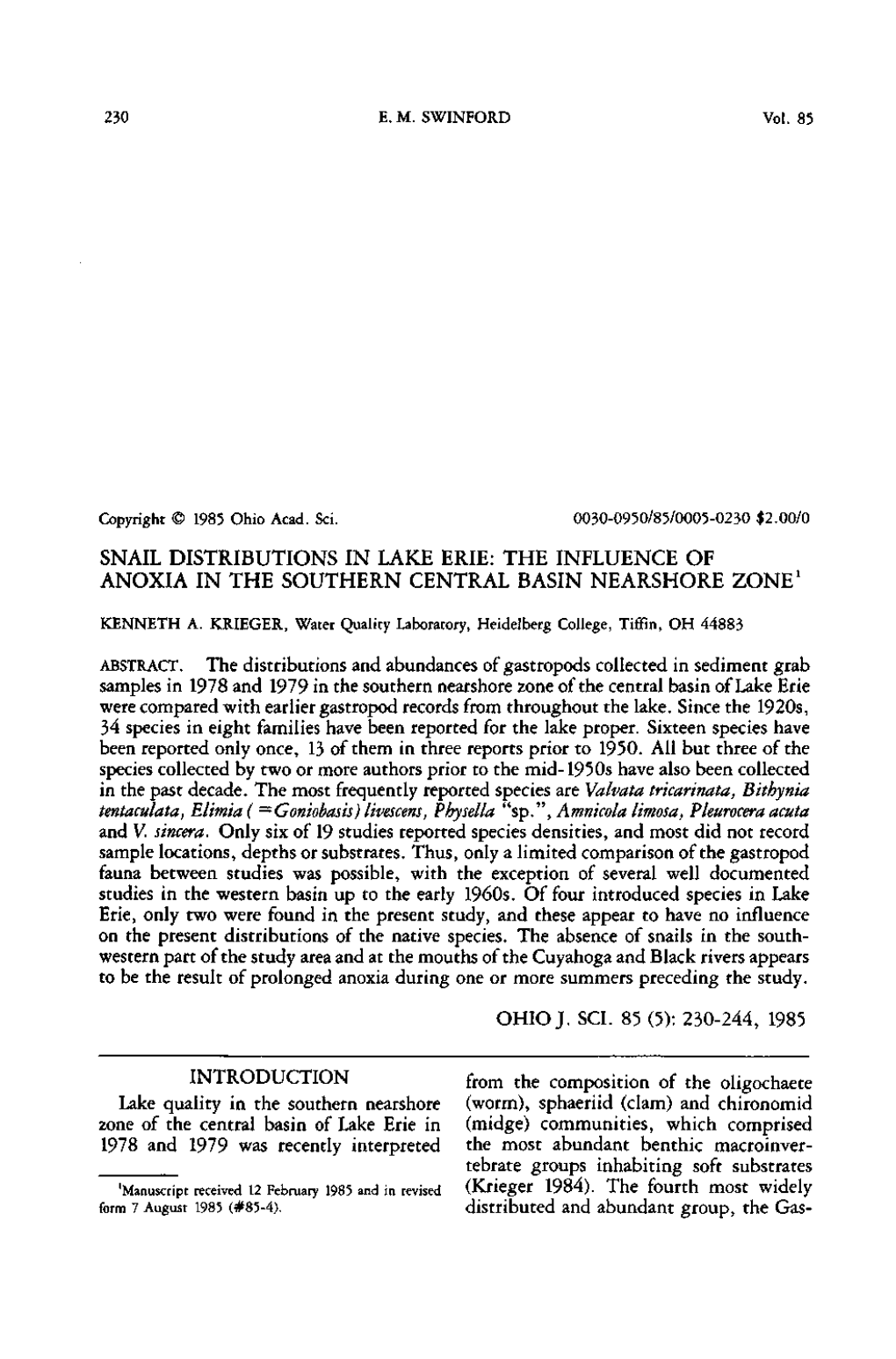 Snail Distributions in Lake Erie: the Influence of Anoxia in the Southern Central Basin Nearshore Zone1