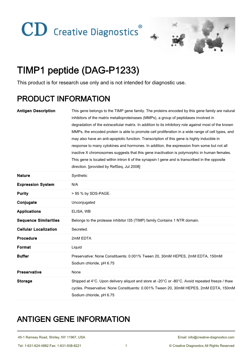 TIMP1 Peptide (DAG-P1233) This Product Is for Research Use Only and Is Not Intended for Diagnostic Use