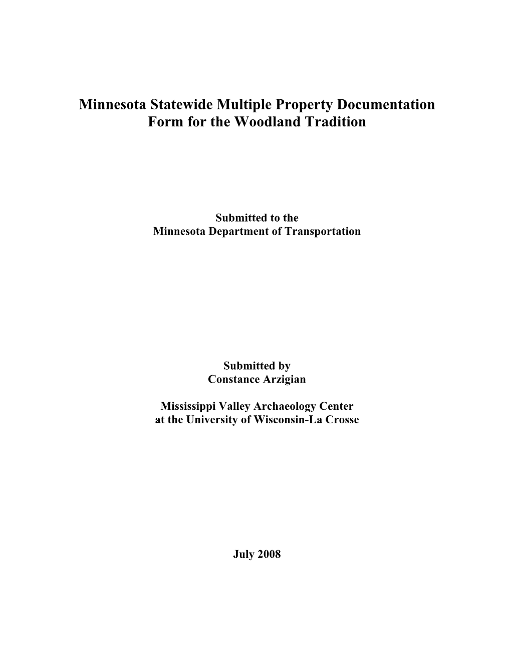 Minnesota Statewide Multiple Property Documentation Form for the Woodland Tradition