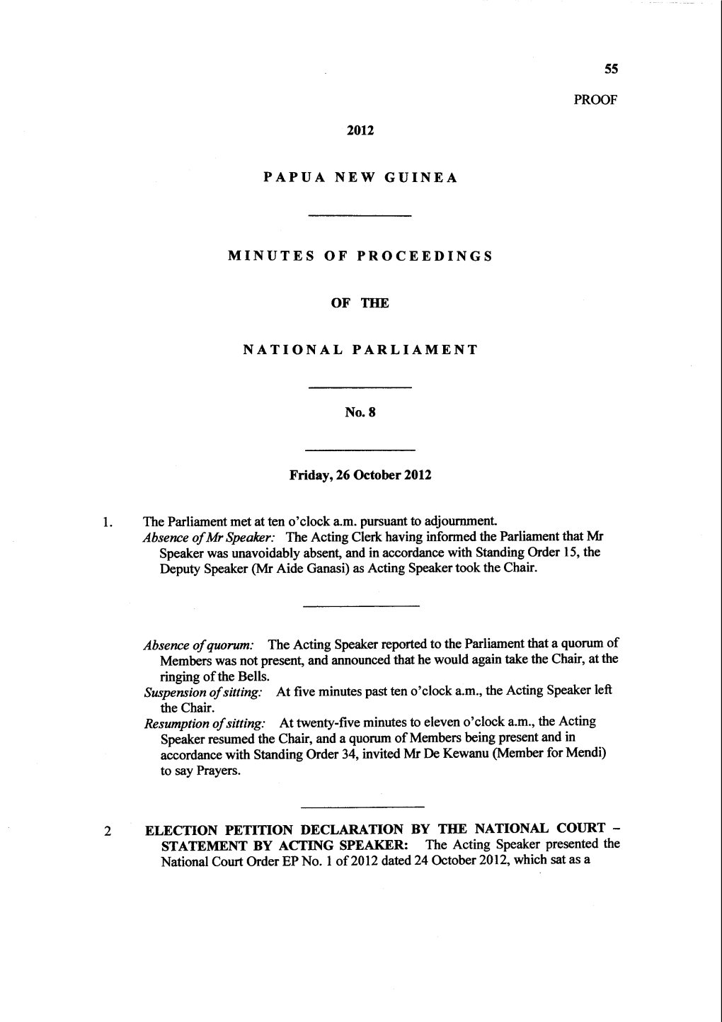 Proof Papua New Guinea Minutes of Proceedings Of