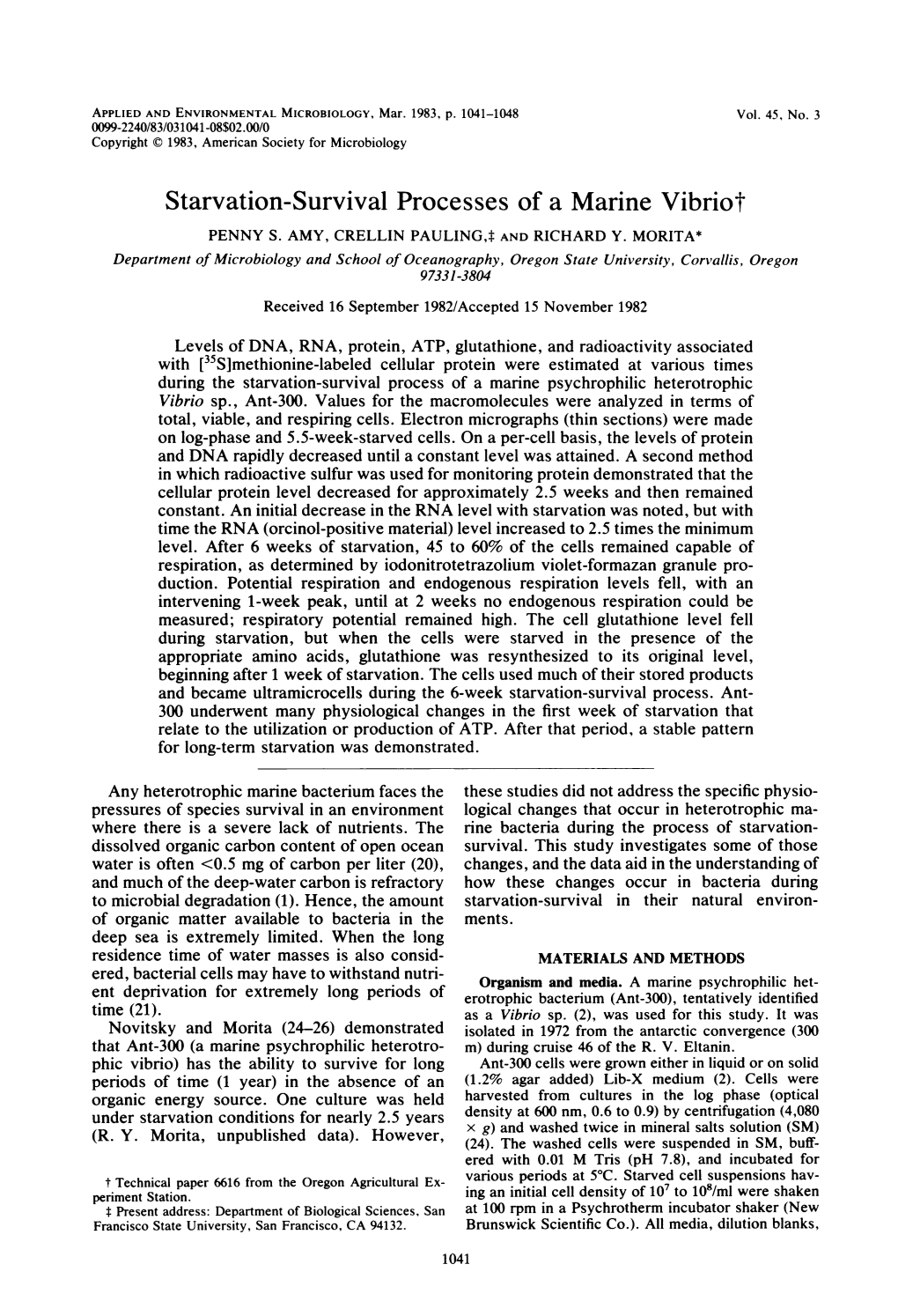 Starvation-Survival Processes of a Marine Vibriot PENNY S