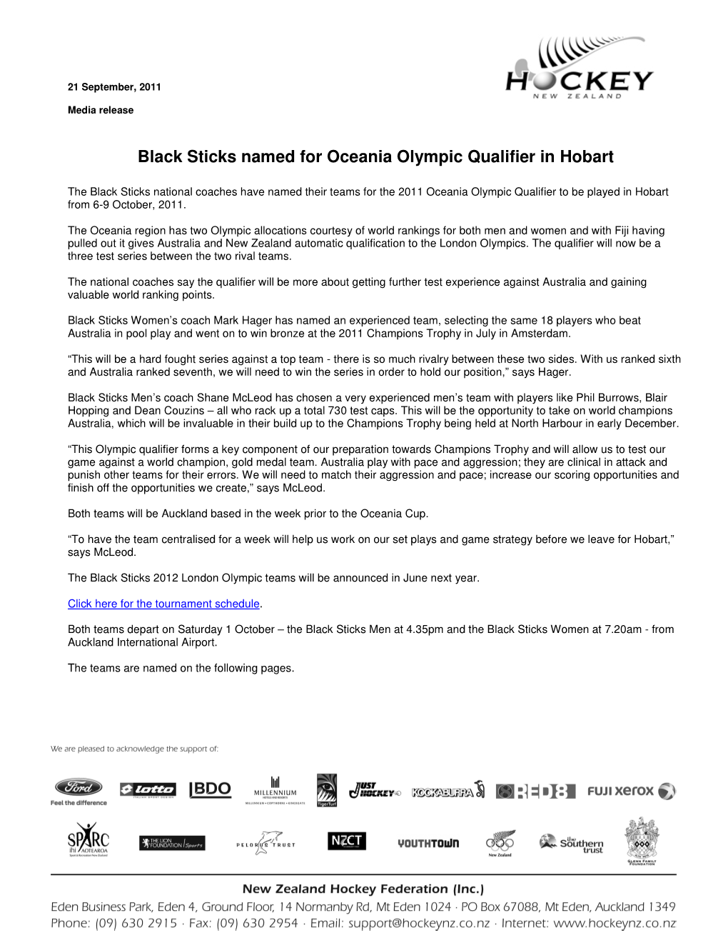Black Sticks Named for Oceania Olympic Qualifier in Hobart