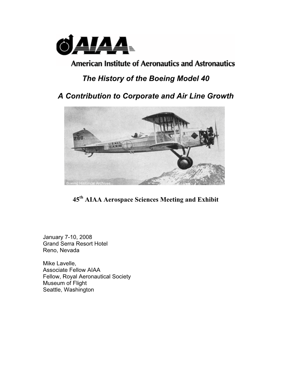 The History of the Boeing Model 40 a Contribution to Corporate and Air Line Growth