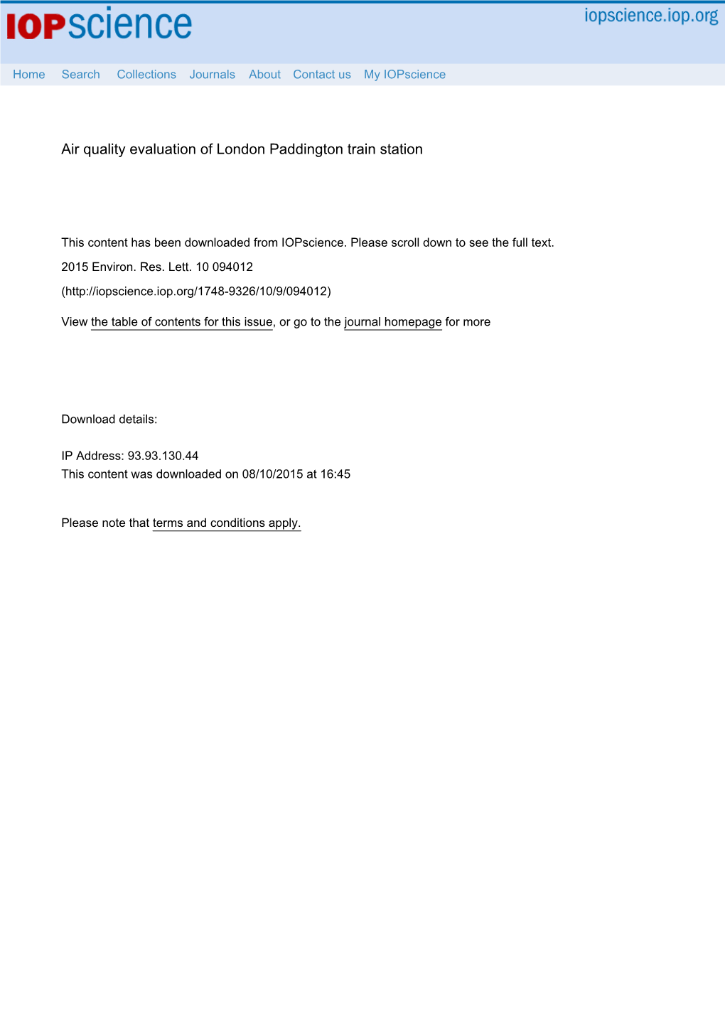 Air Quality Evaluation of London Paddington Train Station