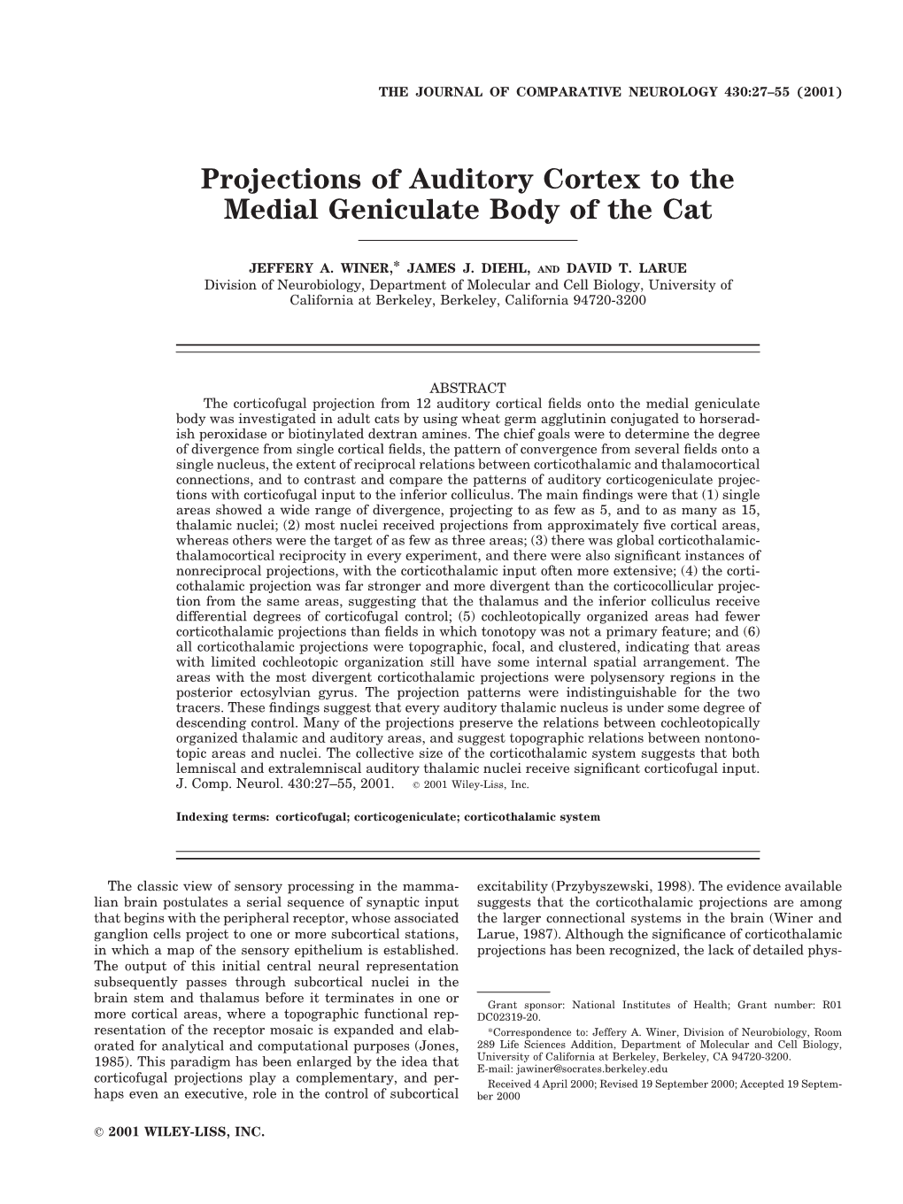 Projections of Auditory Cortex to the Medial Geniculate Body of the Cat